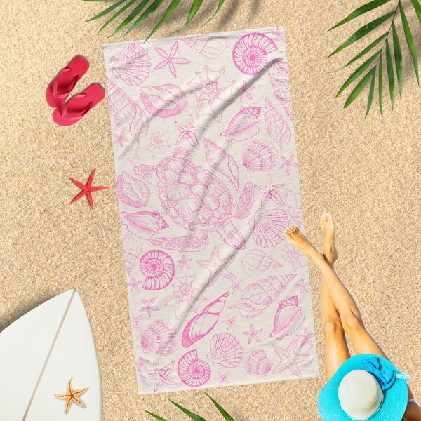 Pink Ocean Inspired Beach Towel Line Art whale shark miami dolphins whale jellyfish hawaii summer beach sea y2k coconut girl preppy stuff