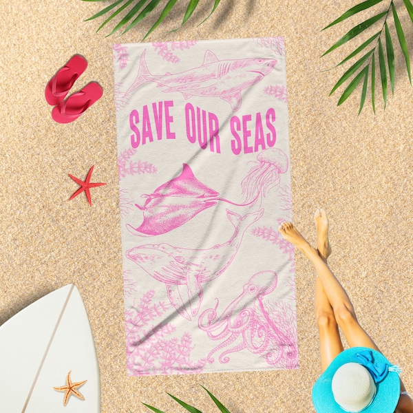 Pink Save Our Seas Beach Towel Old Money Clean Girl Aesthetic preppy stuff ocean inspired style sea turtles beach towel summer beach sea y2k