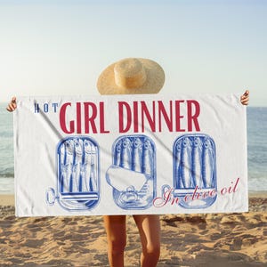 Tinned Fish Girl Dinner Beach Towel, Tin Fish Line Art Anchovy Beach Towel Foodie Gift, Tinned Fish Lover Beach Towel Sea Fish Gift