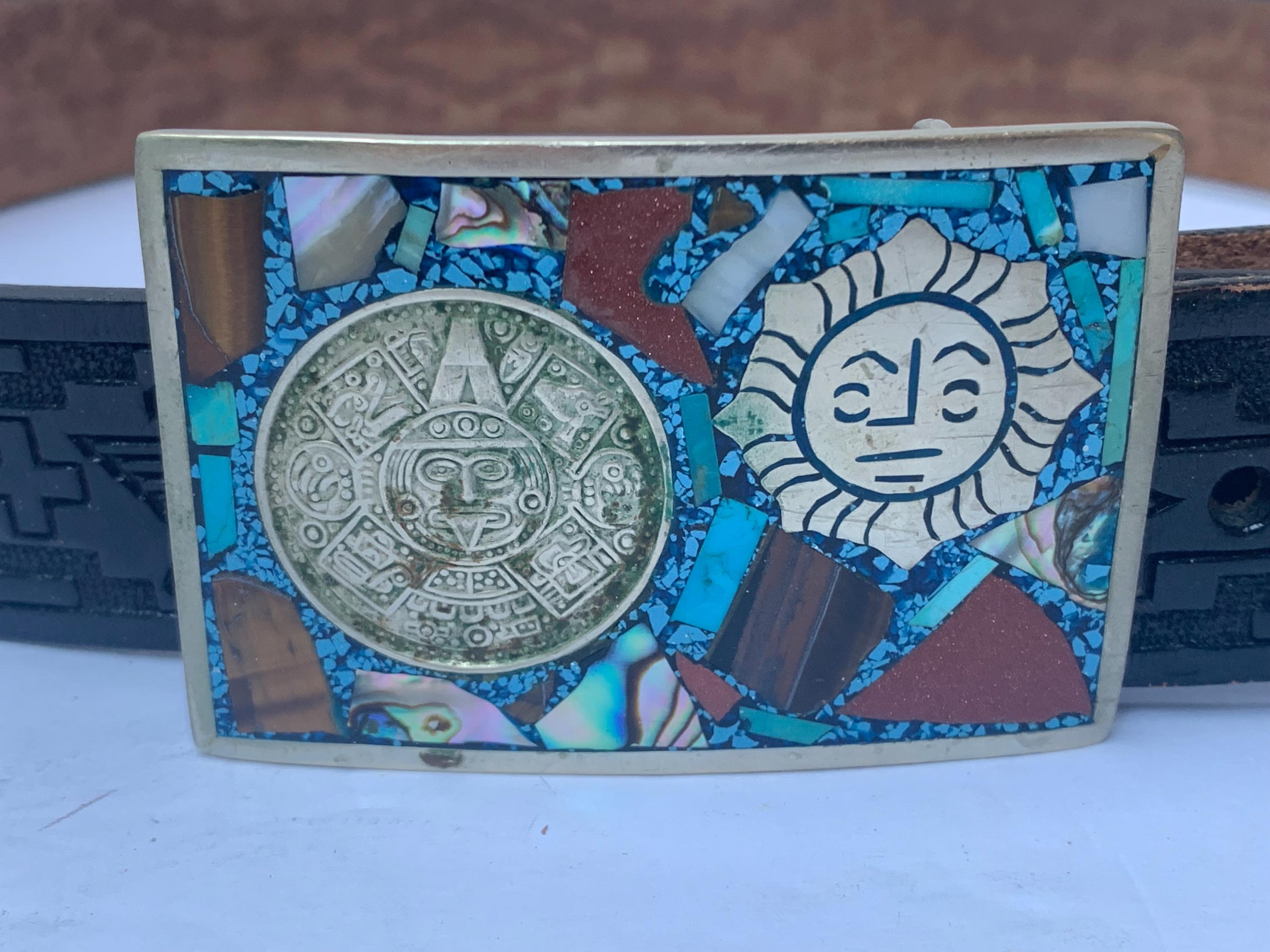 Vintage Turquoise Belt Buckle, gold and silver plated, the stone is real Antique Gold Turquoise Belt Buckle main image 3