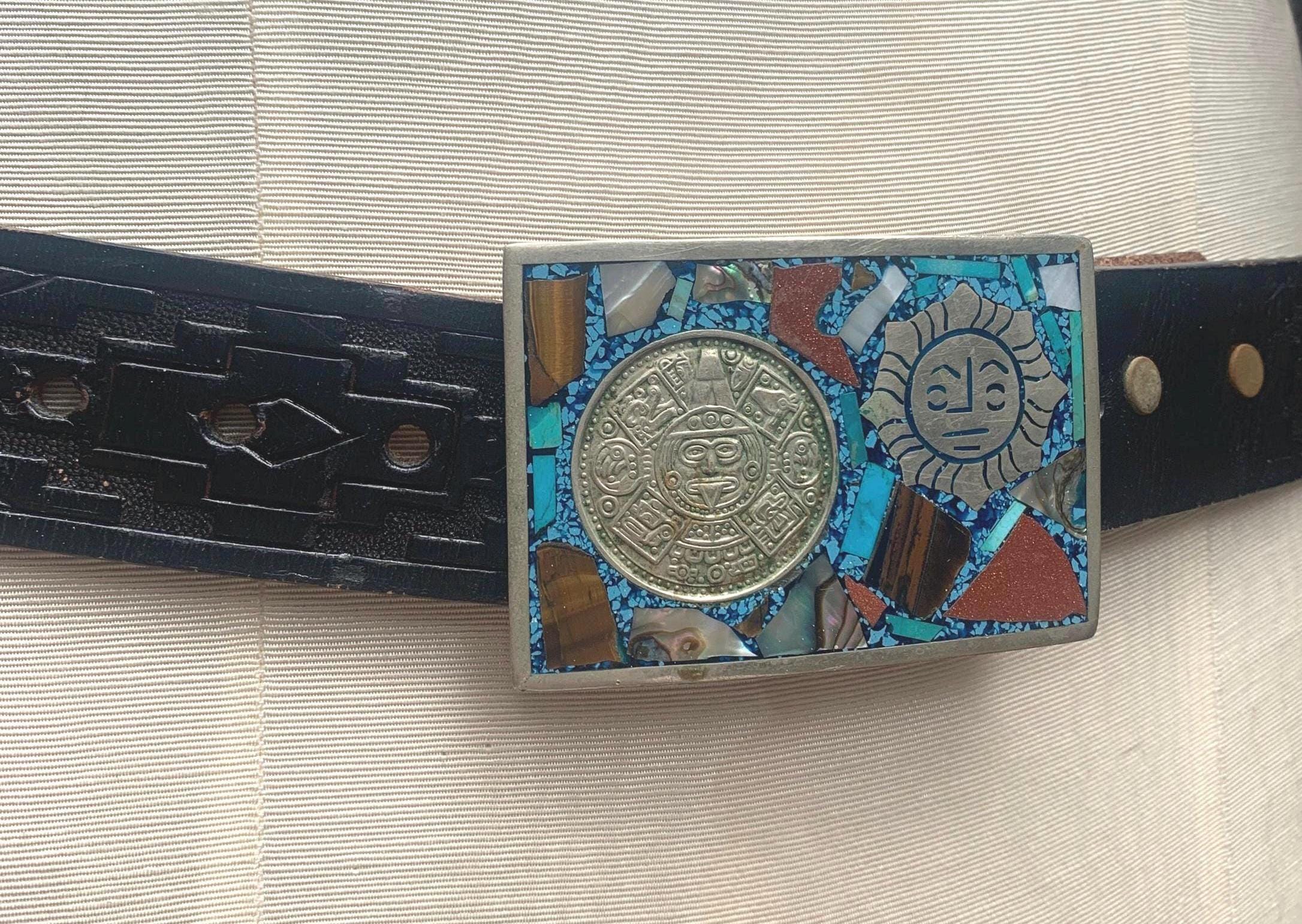 Vintage Aztec Sterling Silver Belt Buckle: Turquoise, Abalone & Goldstone Inlay