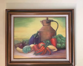 Vintage schilderij Stilleven Groenten en koperen waterkoker Jeri Rasey acryl in houten lijst groot 27 x 22