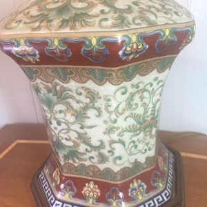 Vintage Chinoiserie Porcelain Table Lamp: Floral Accent, Burgundy & Green