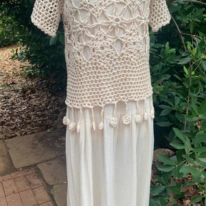 Vtg Handmade Ivory Dress Crochet Cotton Fancy w/ Rosettes Medium-large