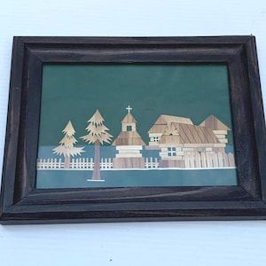 Vintage Slavic Straw Marquetry Art Picture Wall Hanging Green Bratislava Slovakia