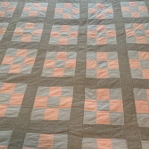 Vintage Nine Patch Quilt Patchwork Full Double Hand Quilted Cottagecore Blanket Seersucker Gingham Blue White Pink Gray