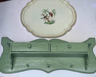 Cottage Charm mintgroene wandplank met lades en haken geschilderd hout Vintage rustieke boerderij hal opslag boerderij