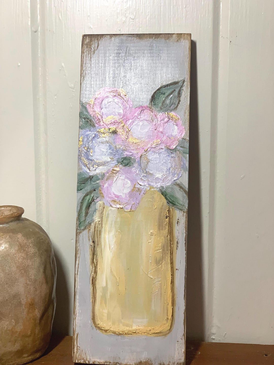 Vtg Pink Flowers in Vase Still Life Impressionist Painting on Board ...