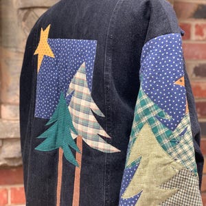 Vintage Denim Patchwork Quilted Christmas Denim Jacket Holiday Extra Large by Forever Rebecca, Tyler Texas Handmade 2XL