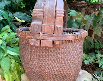 Panier à riz chinois ancien en rotin tressé, décor asiatique