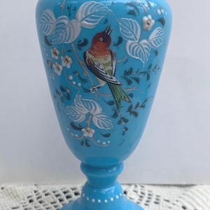 Song Bird Victorian Bristol Glass Blue Floral Vtg Vase