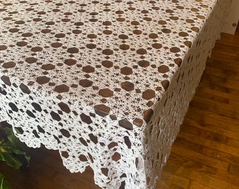 Vintage White Crocheted Tablecloth Star Flower Rectangular 68”x80”