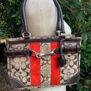 May include: A brown and tan handbag with a repeating logo pattern. The bag features a central red stripe and a snakeskin panel. It has brown leather handles, trim, and a decorative tassel. Silver-tone hardware completes the design.