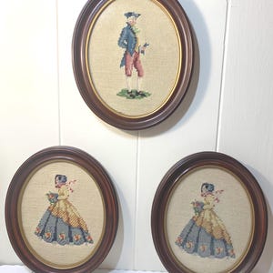 Vintage Framed Needlepoint Art: Victorian Lady & Gentleman Decor - Set of 3