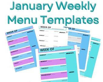 January Weekly Menu Templates - Weekly Meal List - Instant Download - Colorful Planner -  Meal Planner - Themed printable - Seasonal