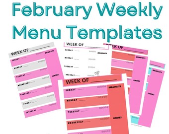February Weekly Menu Templates - Weekly Meal List - Instant Download - Colorful Planner -  Meal Planner - Themed printable - Seasonal