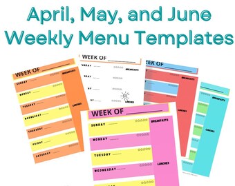 3 Month Menu Planner/Weekly Menu Template/Weekly Meal List/Instant Download/Colorful Meal Planner/Themed printable/April/May/June Meal Plan