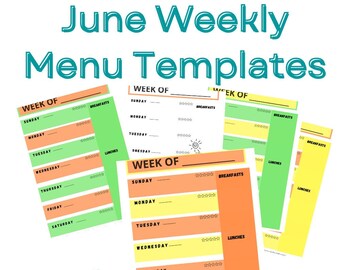 June Weekly Menu Templates/Weekly Meal List/Instant Download/Colorful Planner/Father's Day Menu/Themed printable/Fun Summer Colored Menu