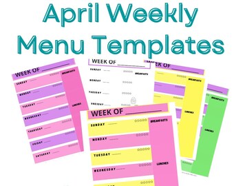 April Weekly Menu Templates - Weekly Meal List - Instant Download - Colorful Planner -  Meal Planner - Themed printable - Seasonal