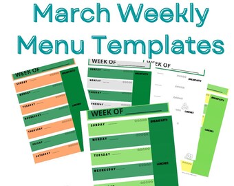 March Weekly Menu Templates - Weekly Meal List - Instant Download - Colorful Planner -  Meal Planner - Themed printable - Seasonal