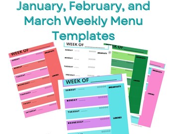 3 Month Menu Planner/Weekly Menu Template/Weekly Meal List/Instant Download/Colorful Meal Planner/Themed printable/January/February/March