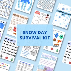 May include: A collection of winter-themed activity sheets and games, including a "Snow Day Survival Kit" with snowflake and snowman illustrations. Other sheets include a bingo card, instructions for a hot chocolate bar, and a reading nook guide. The color scheme is primarily blue and white.