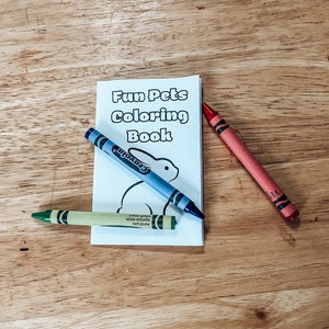 Puede incluir: Un "Fun Pets Coloring Book" con una ilustración de conejo, junto a lápices de colores azul, rojo y verde. Los lápices y el libro están sobre una superficie de madera, listos para colorear.