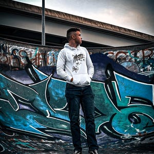 Hustle Hoodie in White / Black | Bold Sleeve Print & Classic Fit | Premium Unisex Streetwear Sweatshirt | Cotton-Poly Blend Pullover