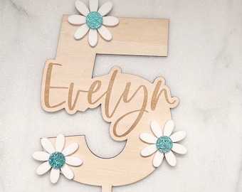 Daisy Birthday Cake Topper, Custom Name and Age, Flower Boho Party Decor, Groovy Bday