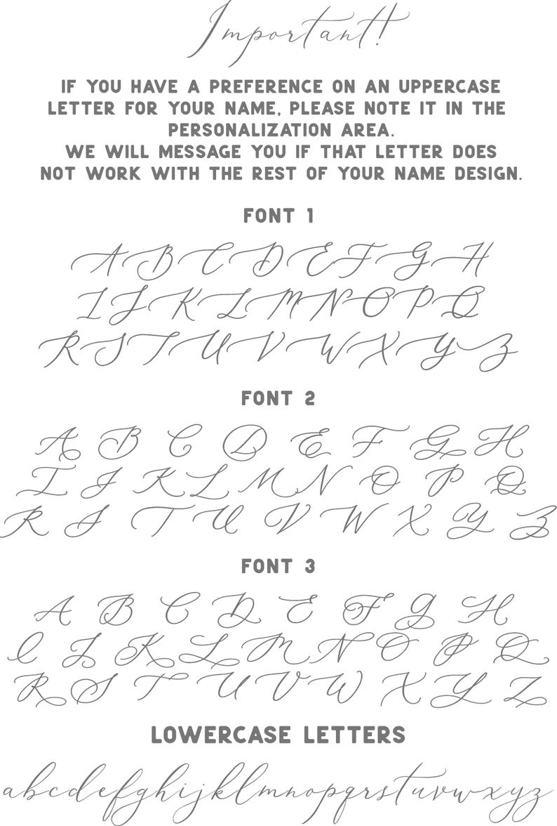 K&ouml;nnte beinhalten: Bild mit drei Kalligraphie-Schriftarten und Kleinbuchstaben zur Personalisierung. Der Text lautet "Wichtig!" und enth&auml;lt Anweisungen f&uuml;r Gro&szlig;buchstaben-Pr&auml;ferenzen. Schriftstile werden zur Referenz angezeigt.