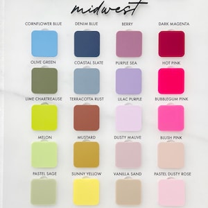 K&ouml;nnte beinhalten: Eine Farbpalette mit dem Text "MERRY & MADE midwest" oben. Die Anzeige zeigt 20 quadratische Farbmuster in verschiedenen Farbt&ouml;nen, darunter Blau, Gr&uuml;n, Rosa und Gelb, mit Farbbezeichnungen unter jedem Muster.