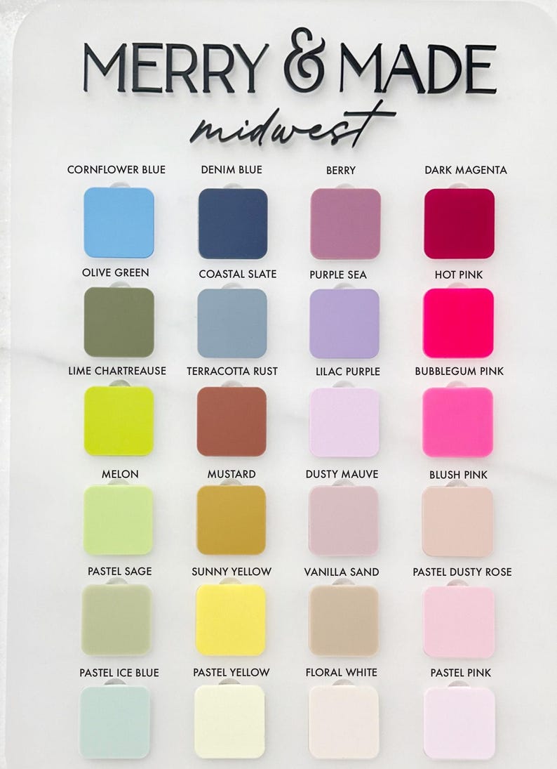 K&ouml;nnte beinhalten: Eine Farbpalette mit dem Text "MERRY & MADE midwest" oben. Die Anzeige zeigt 20 quadratische Farbmuster in verschiedenen Farbt&ouml;nen, darunter Blau, Gr&uuml;n, Rosa und Gelb, mit Farbbezeichnungen unter jedem Muster.
