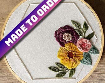 Personalized Custom Floral Embroidery- Embroidery Hoop Finished- Modern Hand Embroidery- Choose your text