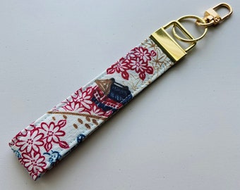 Vintage Kimono Key Fob, Blue Floral, Wrist Strap, Wristlet, Keychain, Japanese Fabric