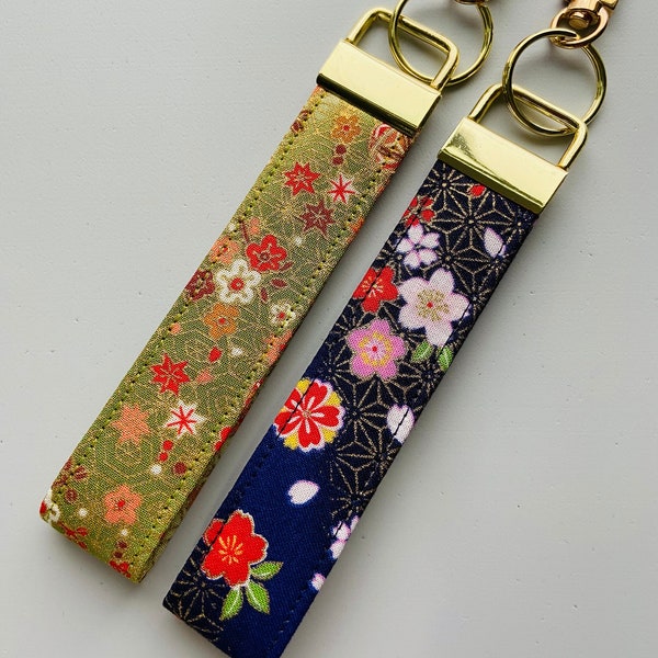 Japanese Fabric Key Fob, Green Floral, Blue Floral, Wrist Strap, Wristlet, Keychain, Japanese Fabric