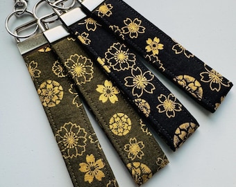 Japanese Fabric Key Fob, Black Cherry Blossom, Green Cherry Blossom, Wrist Strap, Wristlet, Keychain