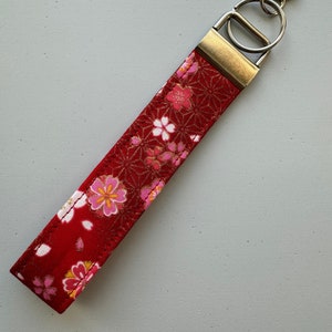 Japanese Fabric Key Fob, Red Floral, Wrist Strap, Wristlet, Keychain, Japanese Fabric