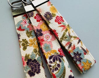 Japanese Fabric Key Fob, Cream Floral, Wrist Strap, Wristlet, Keychain