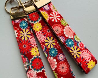 Japanese Fabric Key Fob, Red Floral, Wrist Strap, Wristlet, Keychain
