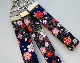 Japanese Fabric Key Fob, Blue Floral, Wrist Strap, Wristlet, Keychain