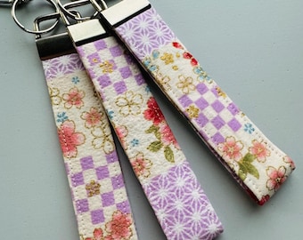 Japanese Fabric Key Fob, Purple Floral Checkered, Wrist Strap, Wristlet, Keychain