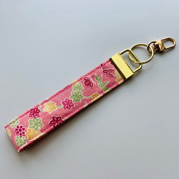 Vintage Kimono Key Fob, Pink Floral, Wrist Strap, Wristlet, Keychain, Japanese Fabric