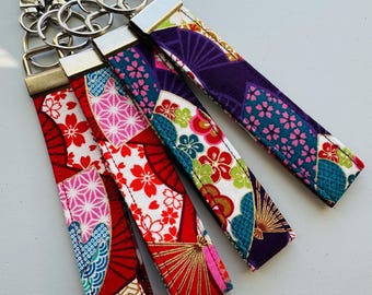 Japanese Fabric Key Fob, Red, Purple Fan, Wrist Strap, Wristlet, Keychain