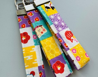 Japanese Fabric Key Fob, Checkered Lucky Charms, Wrist Strap, Wristlet, Keychain