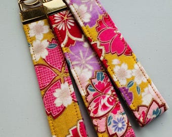 Japanese Fabric Key Fob, Gold and Large Pink Floral, Wrist Strap, Wristlet, Keychain