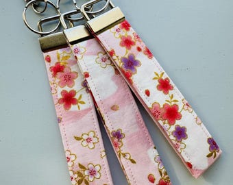 Japanese Fabric Key Fob, Pink Cherry Blossom, Wrist Strap, Wristlet, Keychain