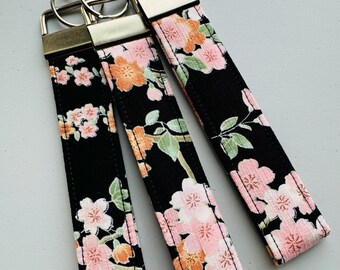 Japanese Fabric Key Fob, Black Floral, Wrist Strap, Wristlet, Keychain
