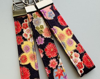 Japanese Fabric Key Fob, Purple Floral, Wrist Strap, Wristlet, Keychain
