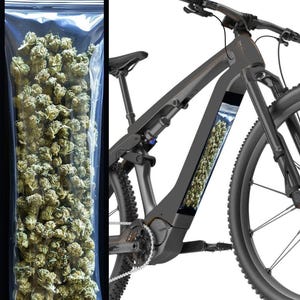 Könnte beinhalten: Ein klarer Plastikbeutel gefüllt mit grünen Cannabisblüten wird neben einem schwarzen elektrischen Mountainbike gezeigt. Das Fahrrad hat ein Fach, das mit ähnlichen Knospen gefüllt ist. Das Fahrrad hat schwarze Reifen und einen schwarzen Rahmen.