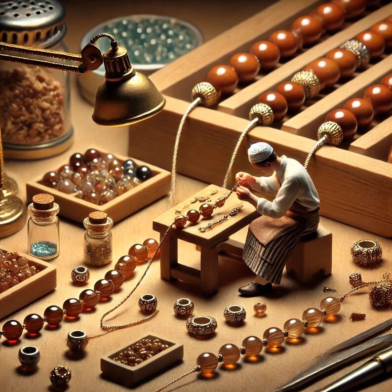 May include: A miniature figurine of a person making a beaded necklace. The person is sitting at a small wooden table with beads and tools. The table is surrounded by various beads and other jewellery making supplies.